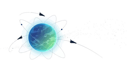 In a Star Wars Day sci fi parody style illustration, a galaxy-themed space adventure unfolds with characters orbiting a vibrant planet against a clean white background, rendered © Jangkrik