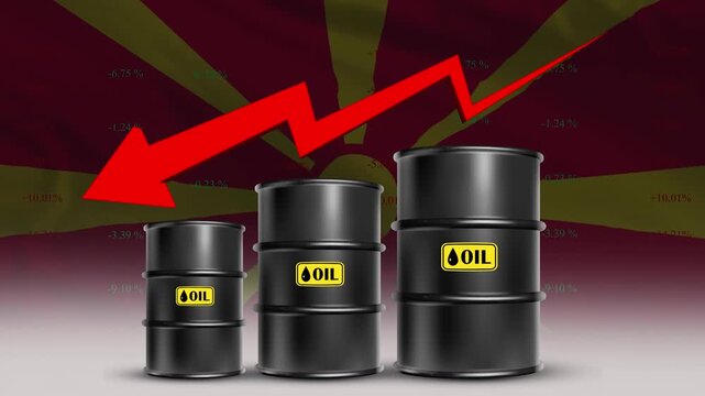 North Macedonia flag with oil barrels and red downward arrow falling crude prices economic decline