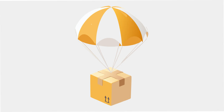 Isometric illustration of a yellow package being delivered by parachute