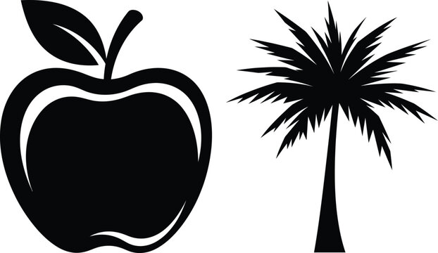 Black silhouette of an apple with leaves and a palm tree on a white background, fruit leaf