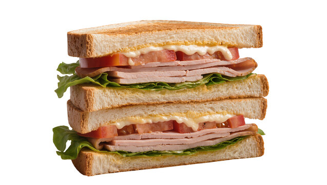Tall stacked club sandwich with ham tomato lettuce and mayonnaise, isolated on transparent background