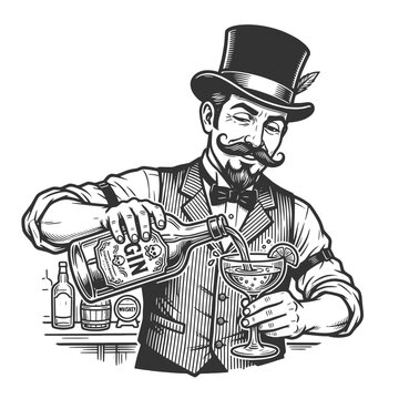 stylish vintage bartender in top hat pouring gin into a cocktail glass, evoking classic bar culture sketch engraving generative ai vector illustration. Scratch board imitation. Black and white image.