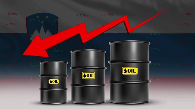 Slovenia Flag with Oil Barrels and Red Downward Arrow Falling Crude Prices Economic Decline
