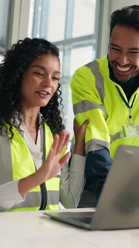 Architect, laptop and people with high five for design, floorplan and building success. Engineer, teamwork and workers with celebration for urban planning, approval and collaboration for project