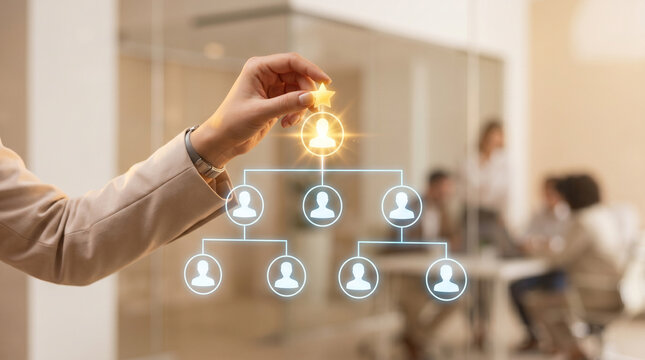 Female hand placing a gold star on an org chart hologram selecting top talent, representing HR recruitment and people management.