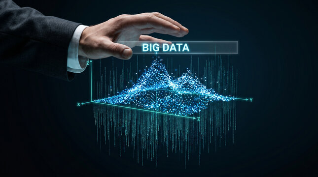 Hand hovering over a glowing 3D big data scatter visualization with cyan streams and white data points on a deep dark background.