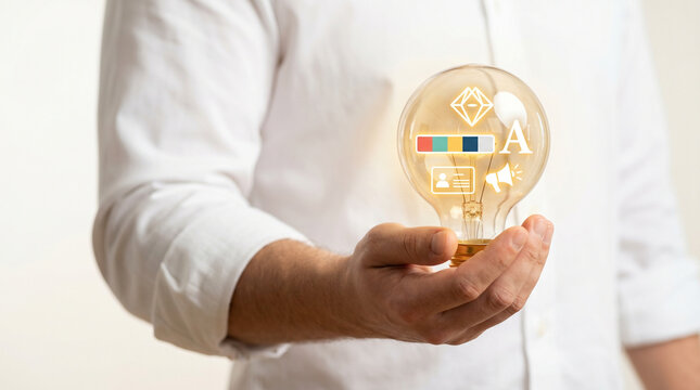 Hand holding a golden light bulb containing a brand identity ecosystem with logo, palette, typography, and megaphone icons inside.