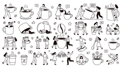 People drinking coffee vector illustration set for hot beverages concept.