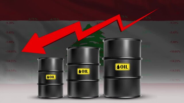 Lebanon flag with oil barrels and red downward arrow falling crude prices economic decline