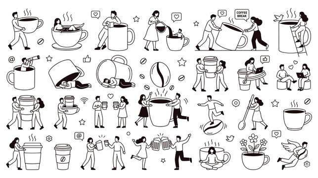 People drinking coffee vector illustration set for hot beverages concept.