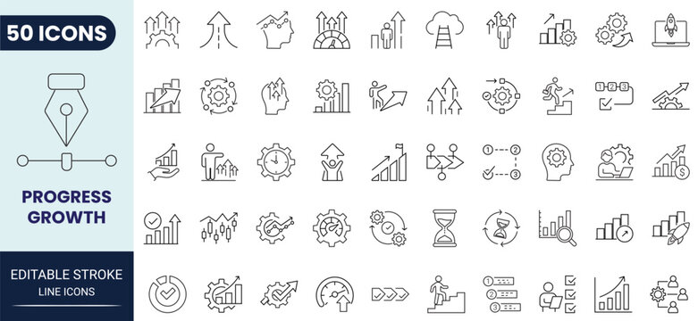 Progress growth icon set in outline style. Collection of progress, growth, increase, chart, graph, business development, and success. Editable stroke. Vector icon collection.