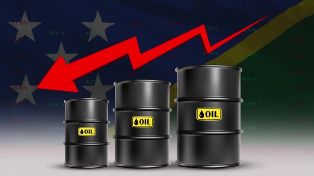 Solomon Islands Flag with Oil Barrels and Red Downward Arrow Rising Crude Prices Economic Growth