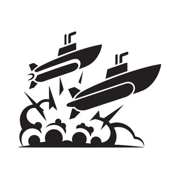Submarines engaged in underwater combat with torpedoes and explosions