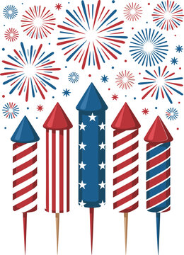 Patriotic American firework rockets vector set, red and blue stars and stripes celebration background