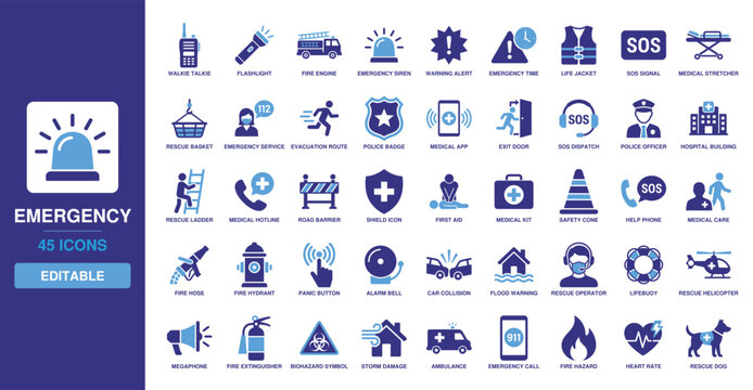 Emergency Icon Set featuring walkie talkie, flashlight, fire engine, emergency siren, warning alert, emergency time, and life jacket for rescue services.