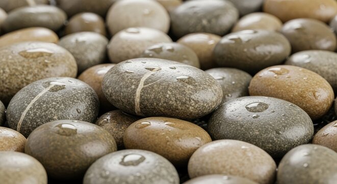 Close-up Macro View of Wet Smooth River Stones with Water Droplets.