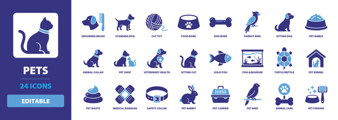Icon Set of Pets including grooming brush, standing dog, cat toy, food bowl, dog bone, parrot bird, sitting dog, and pet kibble for animal care and veterinary apps. © Sultan