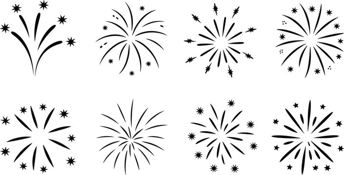 Hand drawn fireworks silhouette vector icons set, festive firecracker bursts for celebration and event decoration