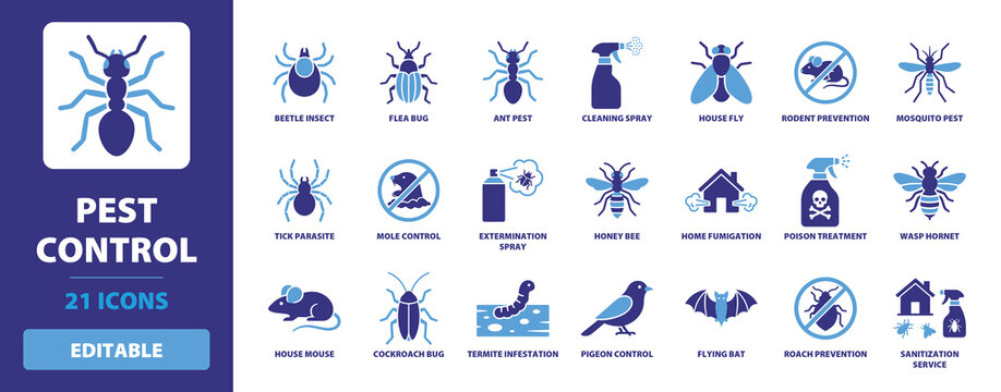 Pest Control Icon Set including beetle insect, flea bug, ant pest, cleaning spray, house fly, rodent prevention, mosquito pest, and tick parasite for sanitation.