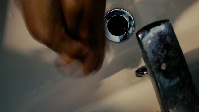 Close-up of man washing hands with soap lather under running water in the bathroom sink for hygiene