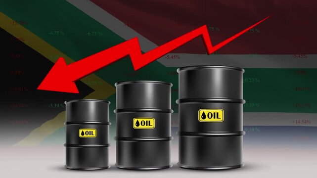 South Africa flag with oil barrels and red downward arrow falling crude prices economic decline