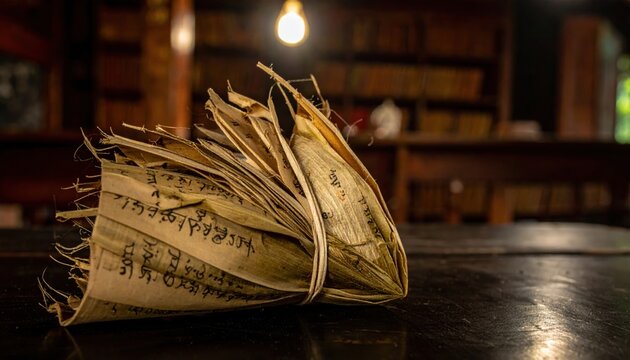Ancient bundle of fragile palm leaf manuscripts inscribed with delicate Sanskrit script, tied with string