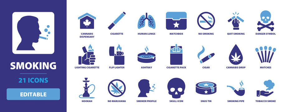 Smoking Icon Set with cannabis dispensary, cigarette, human lungs, matchbox, no smoking, quit smoking, danger symbol, and lighting cigarette for health awareness.