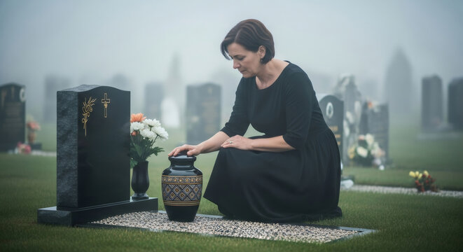 Woman mourner kneeling by an urn cemetery. A sorrowful woman grieving in a graveyard. Loss, memorial, and funeral concept for remembrance.