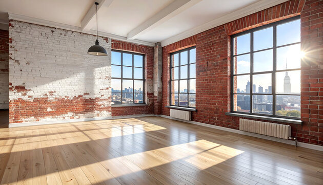 Spacious Loft Apartment with Exposed Brick and Large Windows.