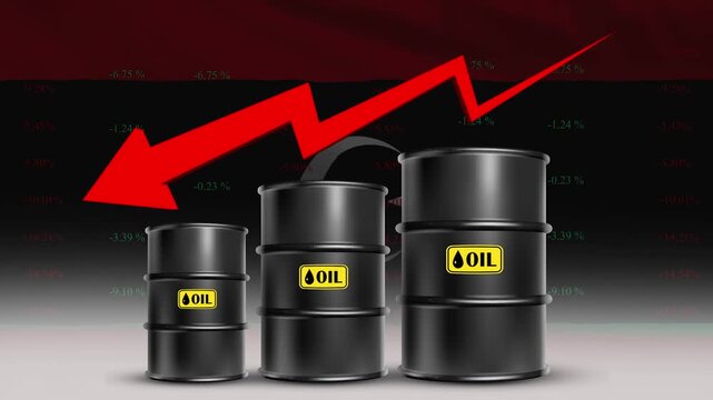 Libya Flag with Oil Barrels and Red downward Arrow Rising Crude Prices Economic Growth