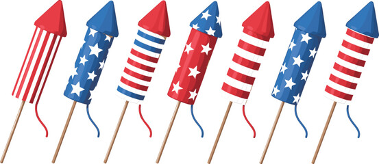 Obraz premium Patriotic American firework rockets vector set, red and blue stars and stripes celebration elements