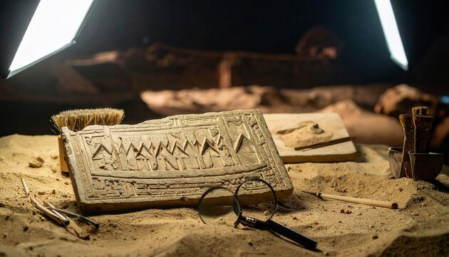 Ancient Mesopotamian Cuneiform Tablet With Intricate Wedge-Shaped Markings on Display During Archaeological Excavation