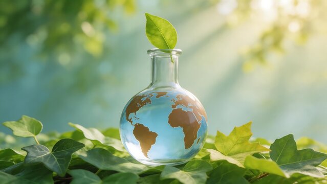 Glass globe with leaf on green leaves