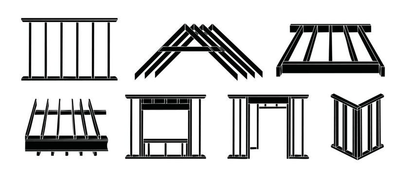 House Framing Construction Details Set - Wood Wall Studs, Roof Rafters, and Floor Joist Structure Icons for Architecture Blueprints and Building Projects, Black Vector Illustrations on White Backgroun