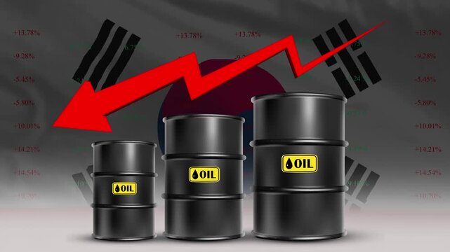 South Korea Flag with Oil Barrels and Red Downward Arrow Falling Crude Prices Economic Decline