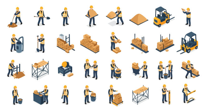 Construction Workers Isometric Icons. Building Process Vector Set. Graphic Design Elements.