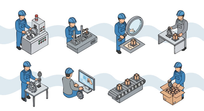Industrial manufacturing process. Factory production workflow. Isometric illustration. Business concept.