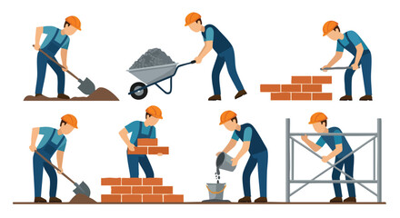 Construction Workers Building Process. Industrial Labor Illustration. Flat Design Vector. Development Stages Concept. © khafid