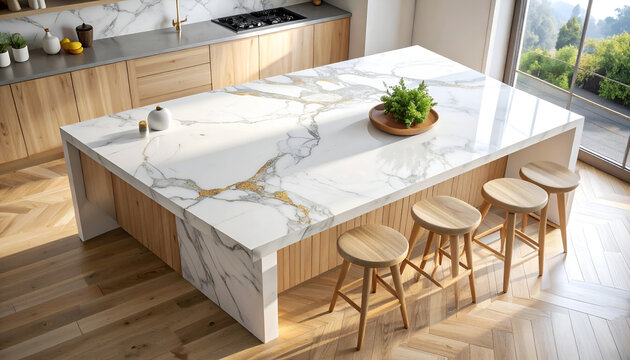 Luxurious Modern Kitchen Island with Marble Countertop and Wooden Stools.