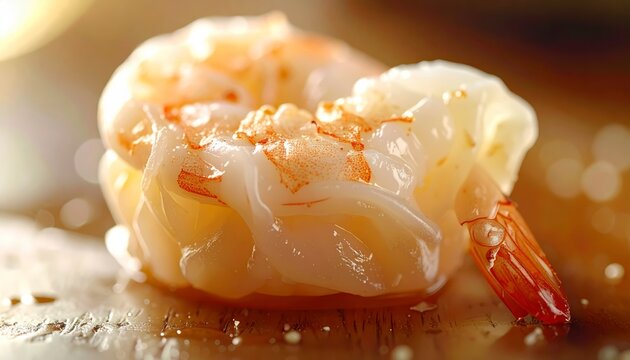 Close up of a delicate, perfectly formed shrimp dumpling showcasing its translucent wrapper and savory filling.