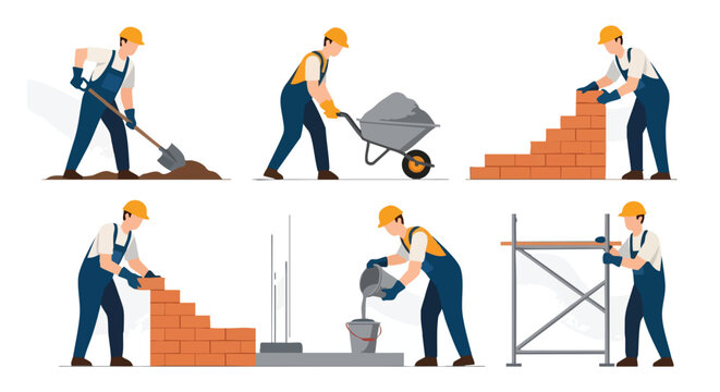 Construction worker tasks. Builder work process. Masonry flat illustration. Building construction stages. Vector set.