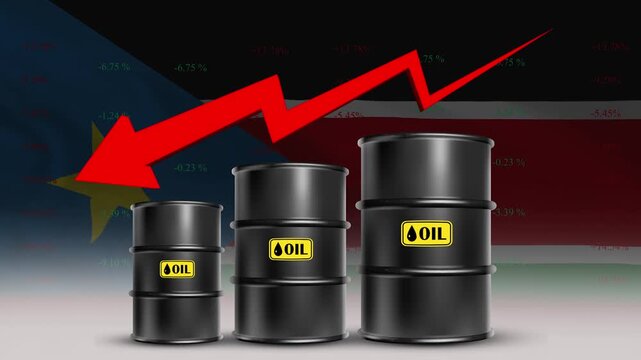 South Sudan flag with oil barrels and red downward arrow falling crude prices economic decline