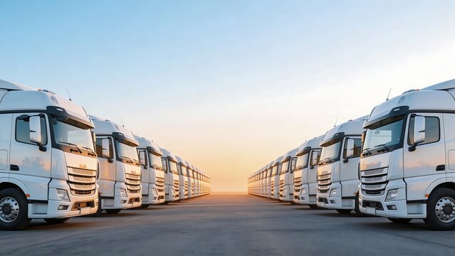 White trucks lined up in parking lot
