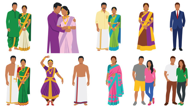 Traditional Indian couples and individuals dressed in festive ethnic wear.