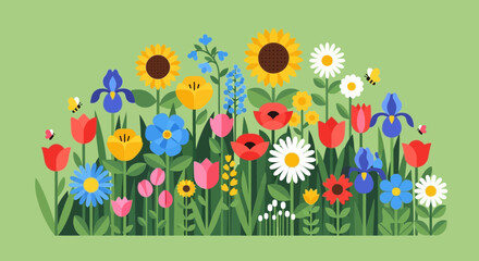 Vibrant Spring Flower Garden with Bees, Flat Design Illustration © Ahda