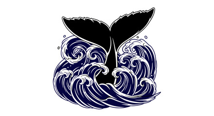 Dramatic Dark Blue Whale Tail Splashing Powerful Ocean Waves Isolated White Background © sanatun