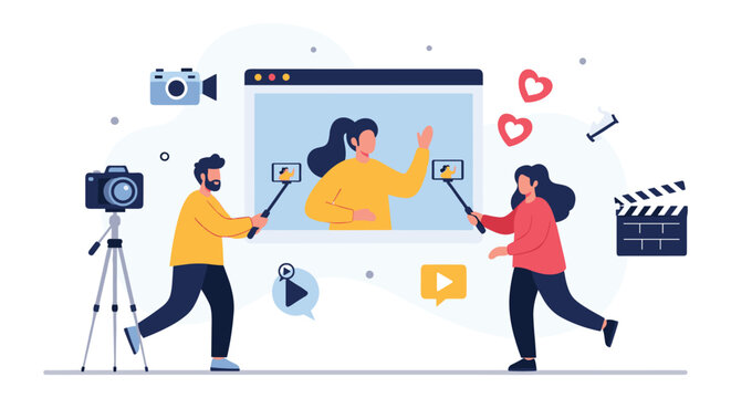 Creative team uses professional cameras and smartphones to film a female influencer for a high quality digital video production.