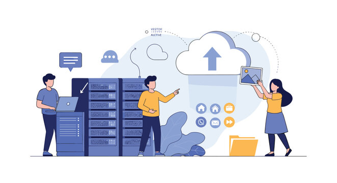 Team of IT professionals managing cloud data storage and server hardware for uploading files and digital information security.