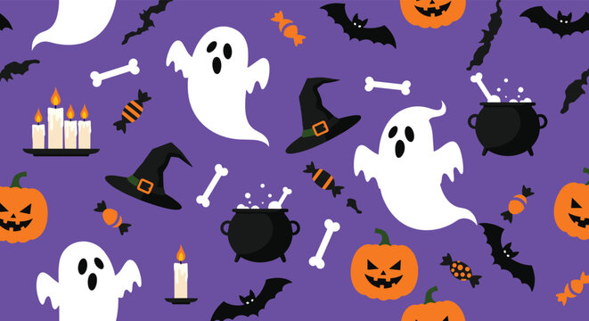 Fun and spooky Halloween pattern with floating ghosts, orange pumpkins, lit candles, and sweet treats on purple backdrop.