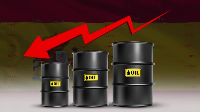 Spain flag with oil barrels and red downward arrow falling crude prices economic decline